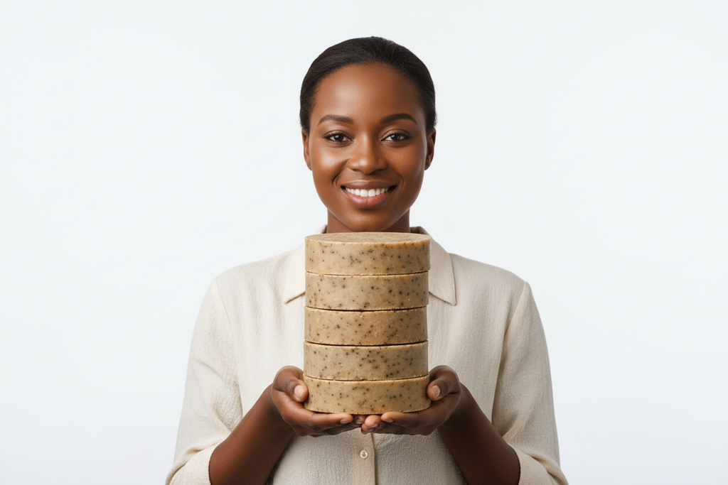 Model with Stacked African Soap - Dark Skin