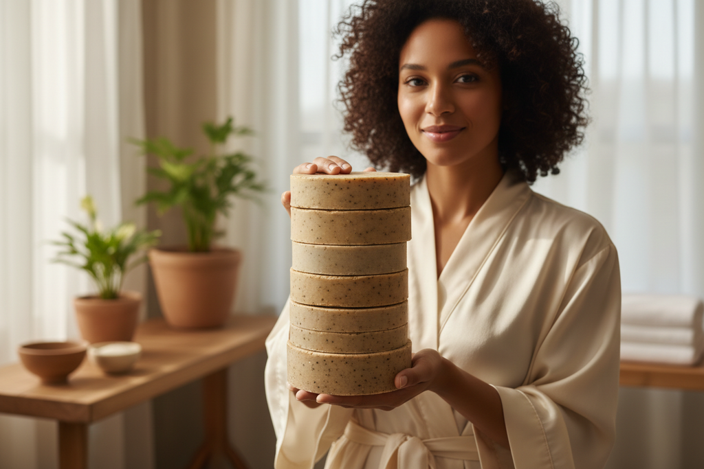 Model with Stacked African Soap - Tan Skin